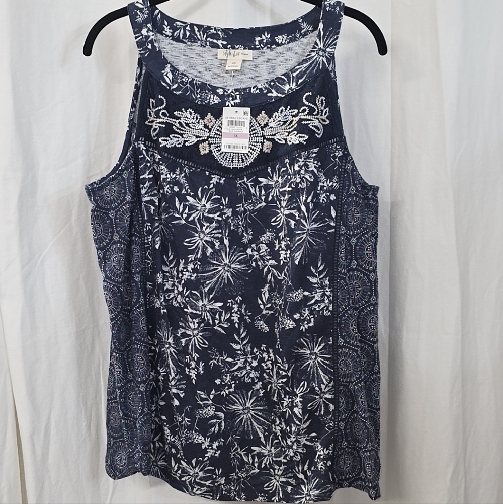 Style & Co. Navy White Floral Boho Crossstitch Lace Inset Tank Top 1X 2X